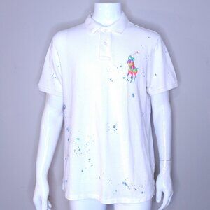 POLO RALPH LAUREN White PAINT Splatter Multicolor BIG Pony LARGE Size L SLIM FIT